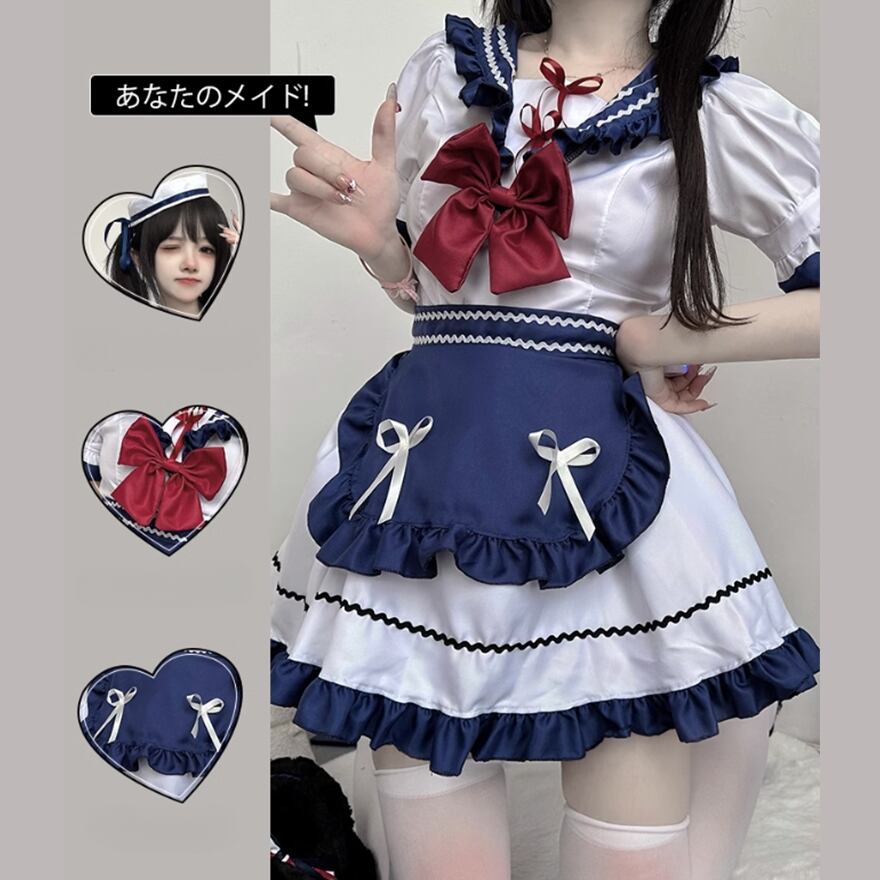 サブカル 服 地雷系 通販 メイドワンピース メイドワンピース 5点セット マリンコーデ コスプレ衣装 闇かわいい