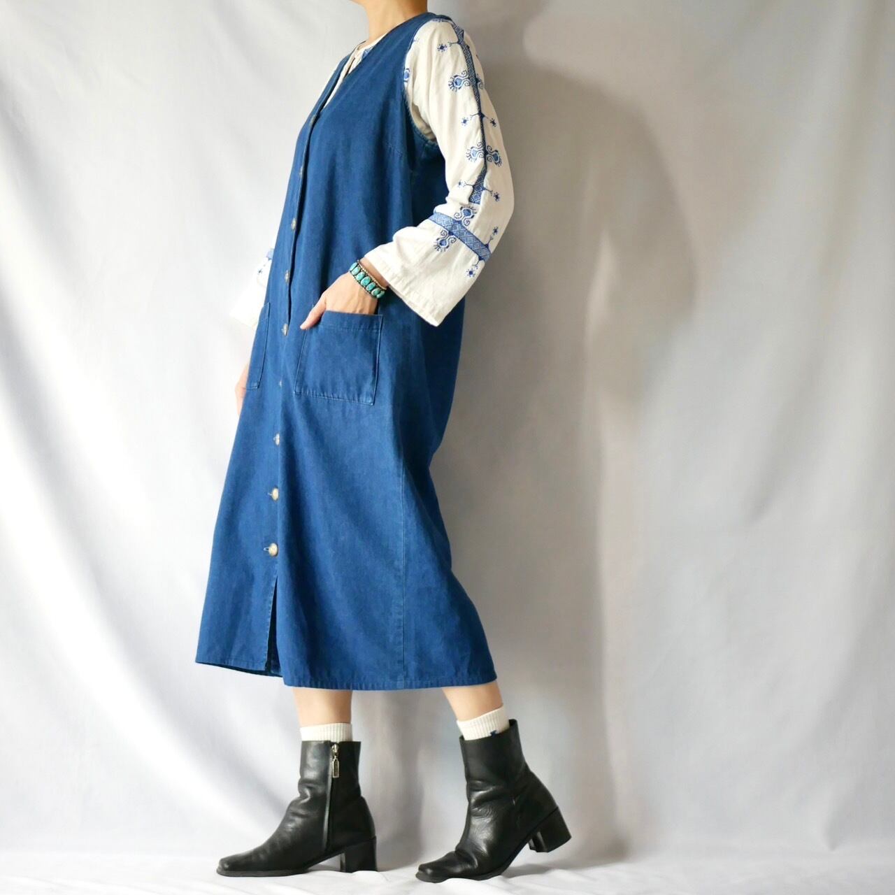 Made in USA denim N/S front button onepiece デニム