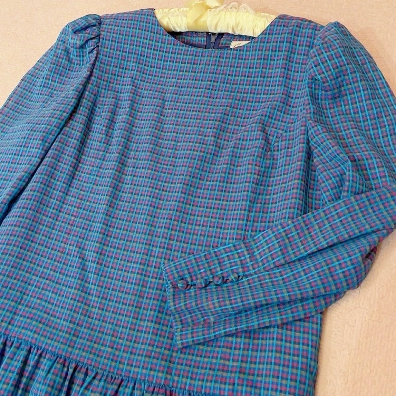 blue pink check low waist one-piece