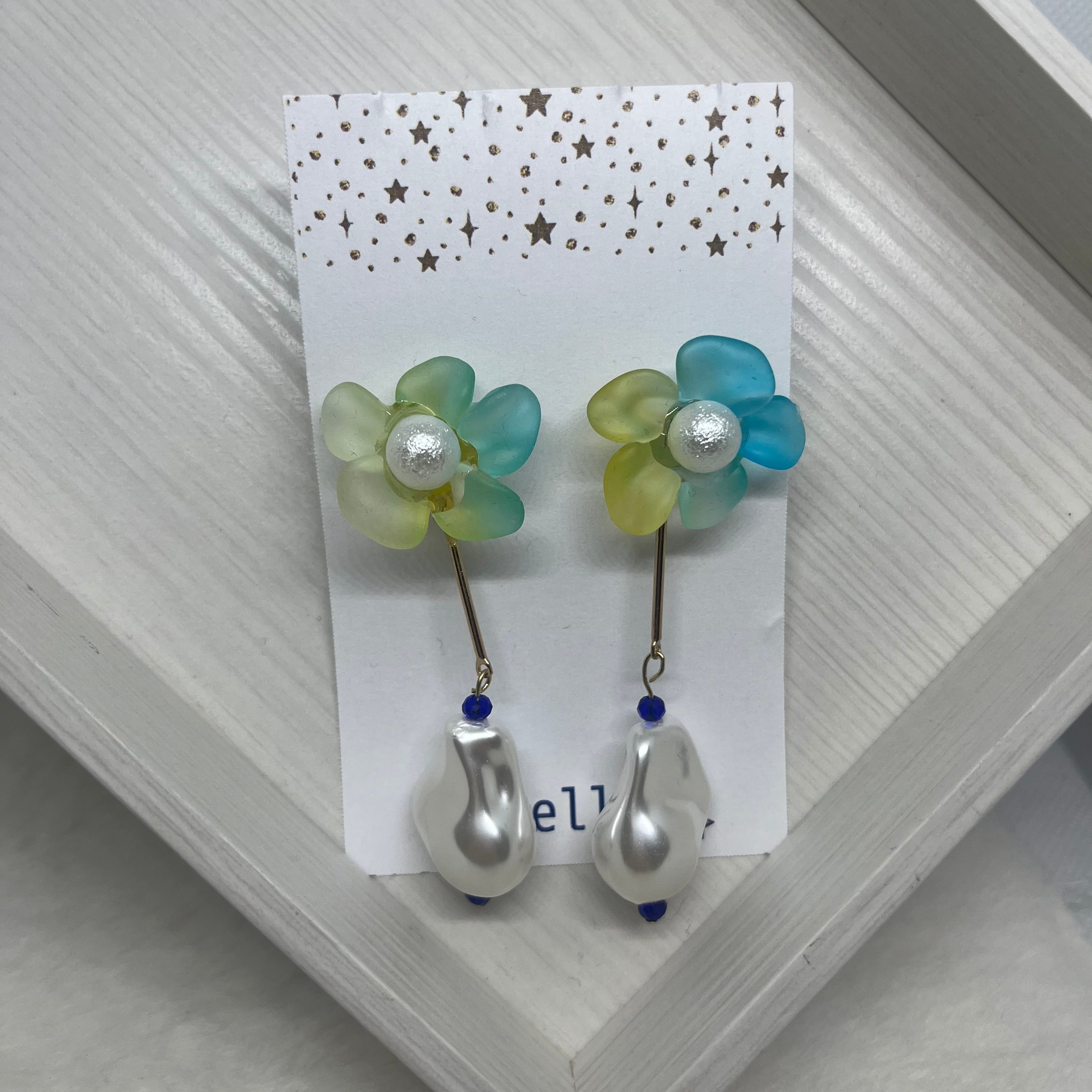 青×黄色フラワー＆パールピアス/イヤリング | stellar－揺れる