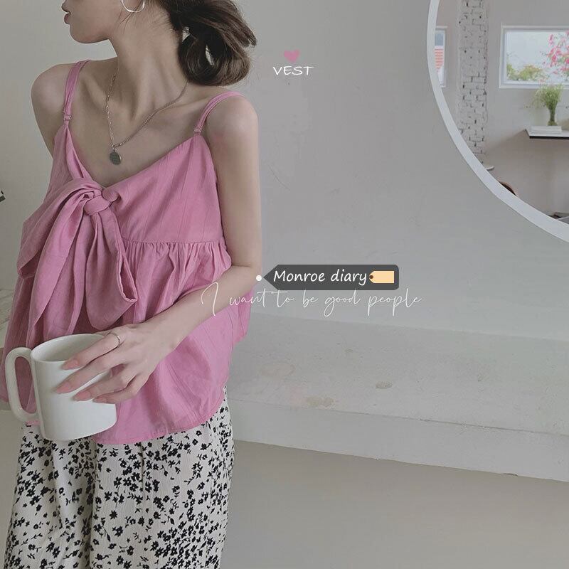 リボンブラウス サマーノースリーブレディース ピンク 大人ガーリー スウィート キュート カジュアル 夏物 モンロー78011869137