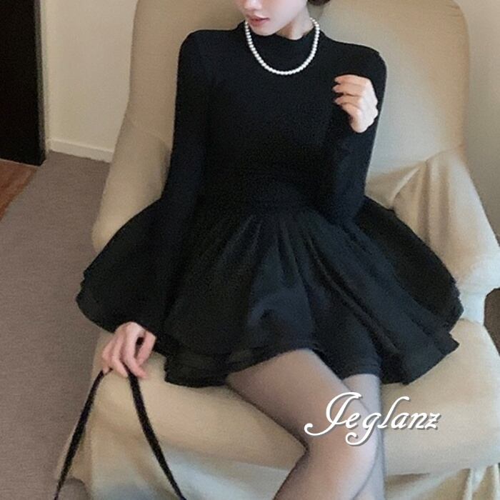ワンピース ブラック ドレス フレア スカート レイヤード ミニスカ(M8227)ζ