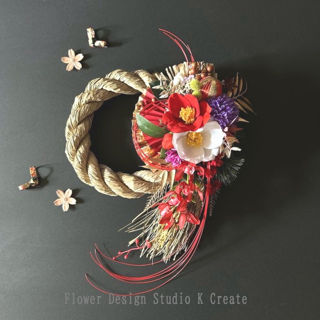 2026年★特大・紅白の椿と扇のお正月飾り しめ飾り お正月飾り しめ縄飾り 椿 ラッピング無料 紅白 元旦 お正月