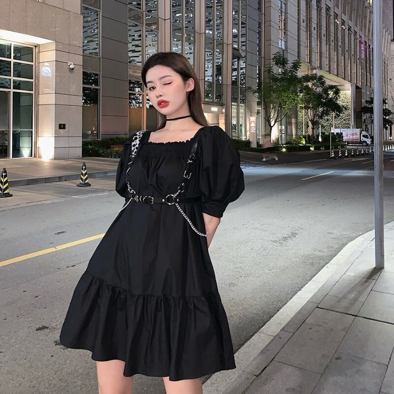 ダークブラックカラードレス サマーウェストショートスカート 薄手Aライン 夏物 スクウェア ブラックストロベリース97976349981