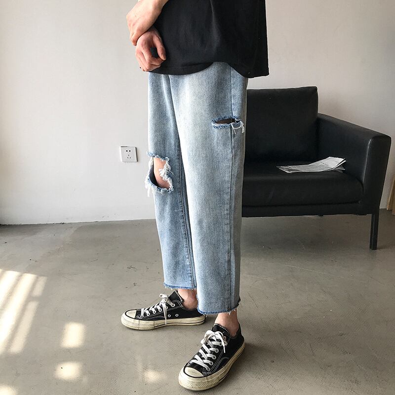 全1色 デニム パンツ ストレート カジュアル ダメージ おしゃれ