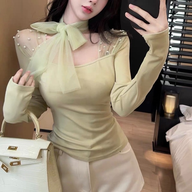 3色 Pearl×tulle ribbon tops
