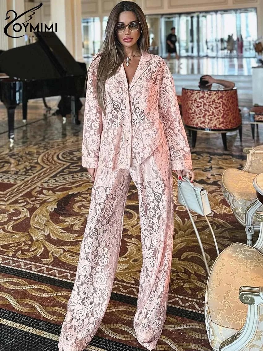 Oymimi 夏ピンク視点セットレディース 2 ピースカジュアル長袖ボタンシャツとハイウエストストレートズボン女性セット