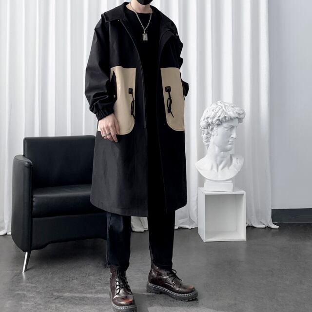 【予約販売】コート チェスターコート アウター ミドル丈フード付き 防寒 メンズ ビジネス ブラック バイカラー シンプル 防寒 お洒落 こなれ感 ベーシック 秋冬 大きいサイズ M/L/XL/2XL/3XL