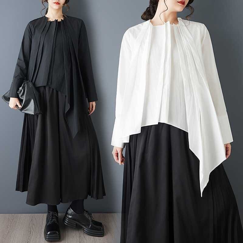 SOLID PLEATS ASYMMETRIC A-LINE DESIGN SHIRT BLOUSE 2colors M-16060
