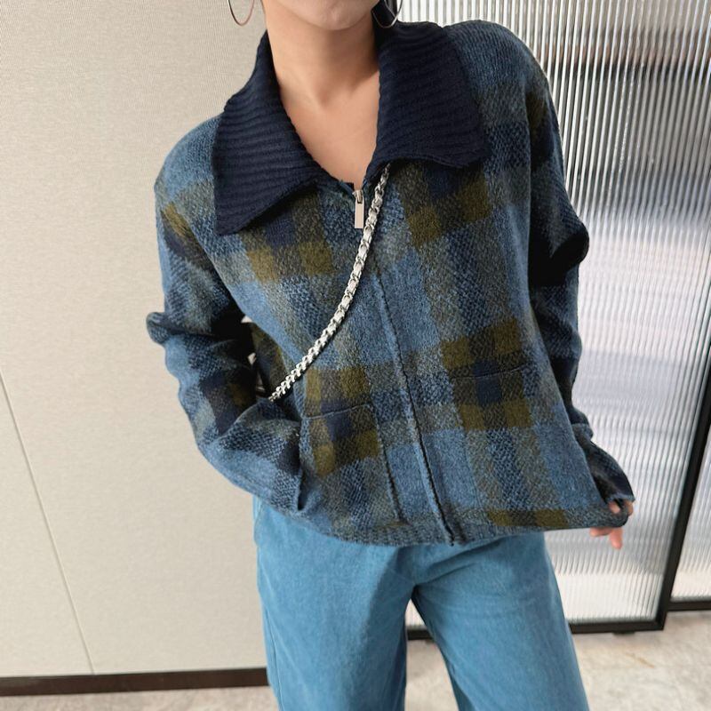 Retro plaid collared knit 00614