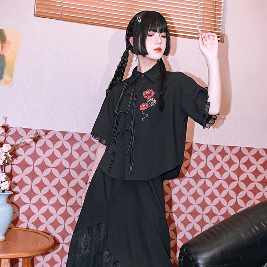 レディース 半袖 ブラウス 中国風 花柄刺繍 S M L 黒 ブラック AS11332 