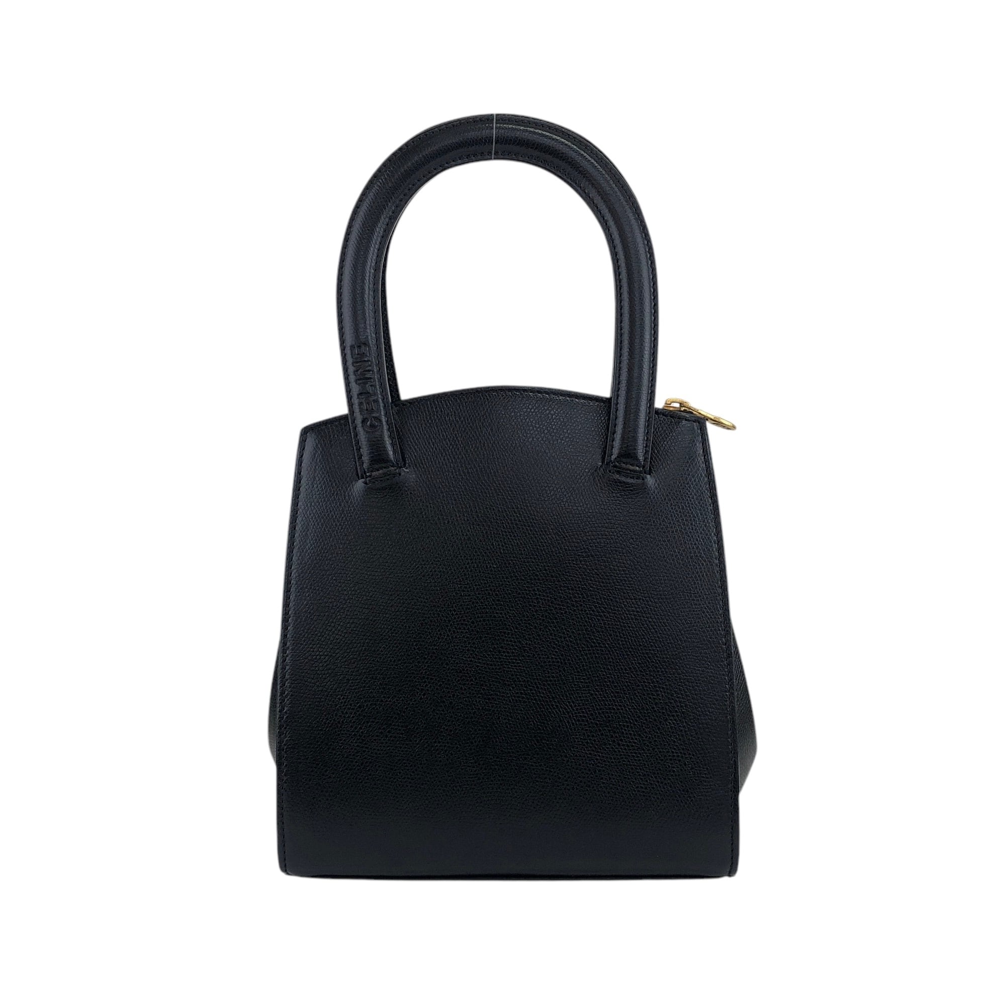 CELINE セリーヌ   ハンドバッグ ブラック ロゴ型押し レザー  b6gjb2 CELINE セリーヌ ハンドバッグ ブラック ロゴ型押し レザー vintage