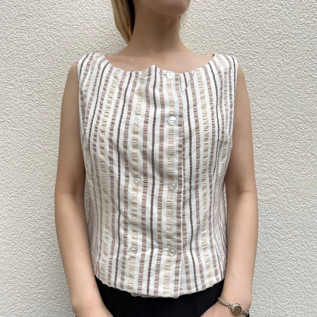 60's brown white stripe cotton sleeveless tops