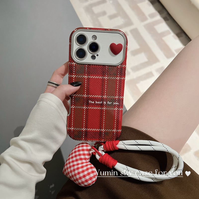 赤チェック柄がかわいい◎レトロ 韓国ケース ハートデコ カメラ保護