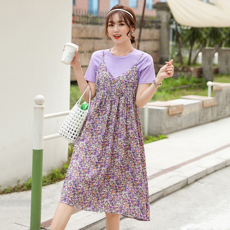 【新作】【送料無料】 マタニティウェア2020夏ニューエイジ-シフォンフローラルミドル丈サスペンダースカート+ Tシャツ妊娠中ツーピースセット-アリババ サマー 夏物 花柄 expec295771408139