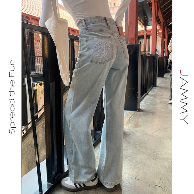 shell embroidered high waist wide straight denim pants J00008