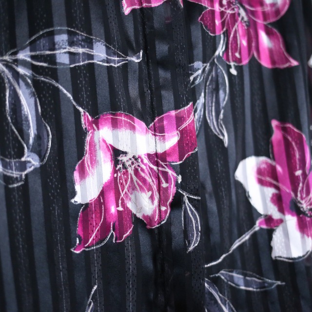 gloss fabric flower pattern black mode border see-through shirt