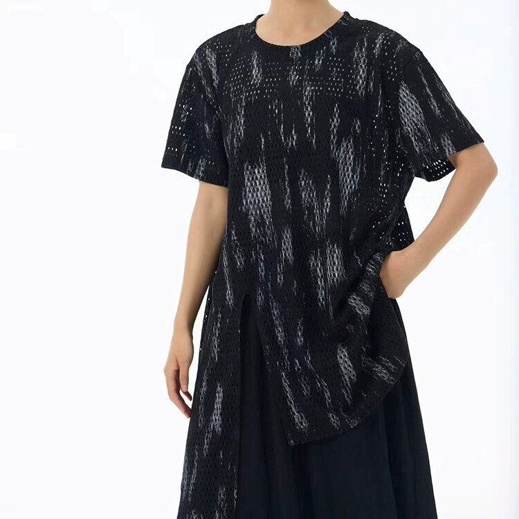 DESIGN MESH ASYMMETRIC LONGLINE T-SHIRT 3colors M-14066