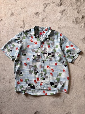 90s arrston Volaju/Open Collar S/S Shirt/L相当/総柄オ－プンカラ－シャツ/半袖シャツ/アイスブル－/ア－ストンボラ－ジュ