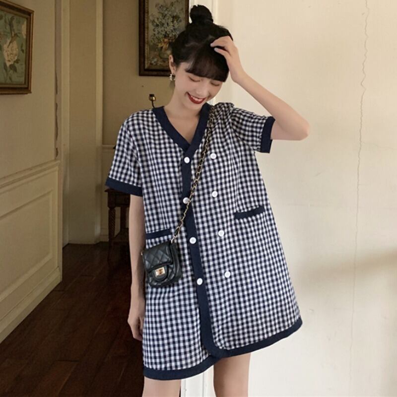 スプリングVネック格子柄ドレス スカート Aライン 春物 1号婦人38952001664