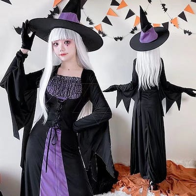 ハロウィンコスチューム大人紫の魔法魔術師ローブ女コウモリ魔女吸血鬼