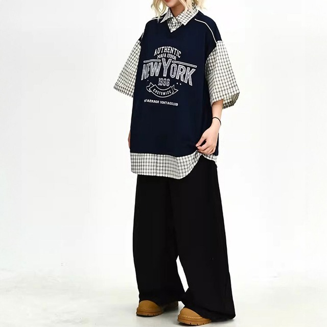 チェックシャツドッキンググラフィックプリントトップス 2col R02136