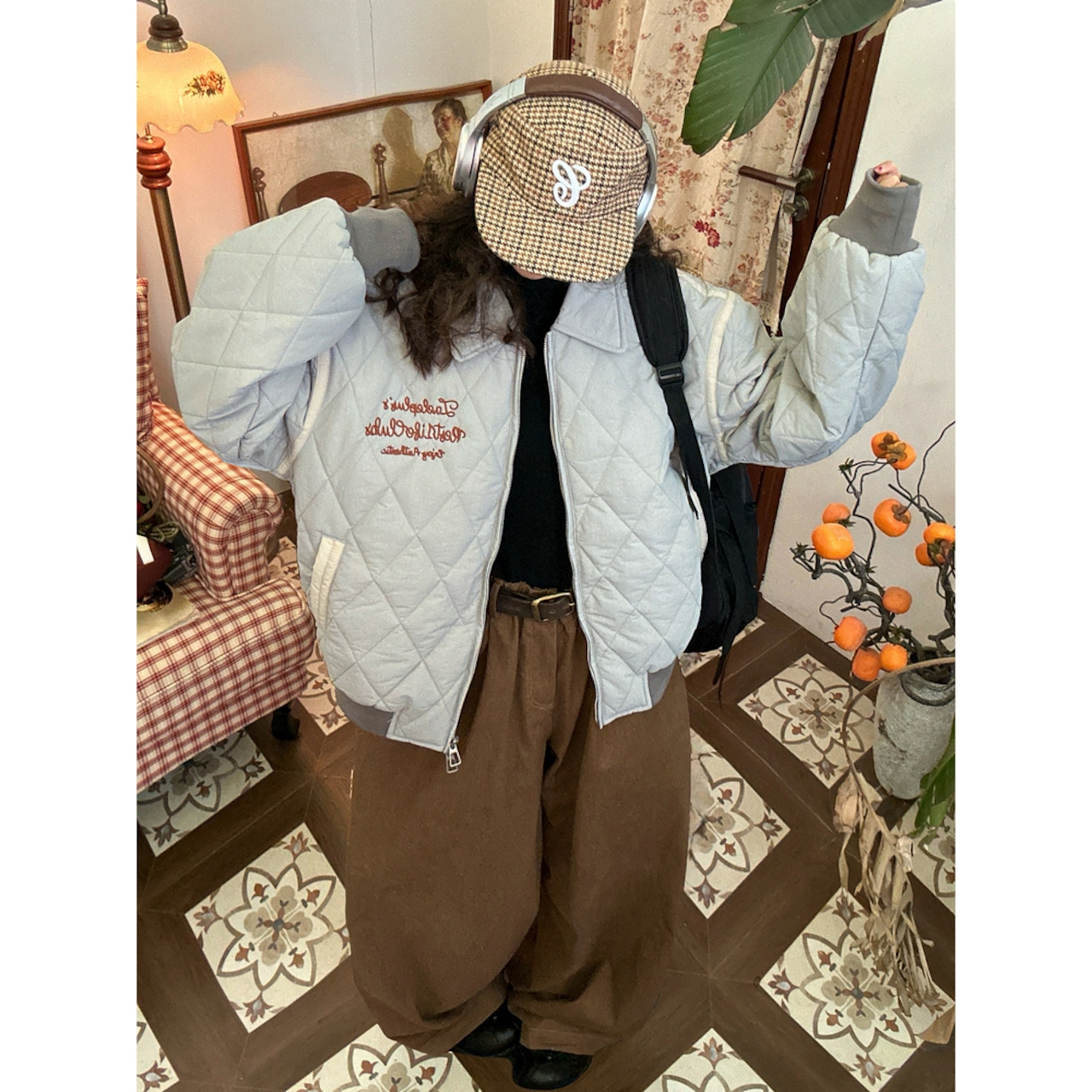 【暖かさUP】ストリート ダイヤ柄中綿ジャケット T2010