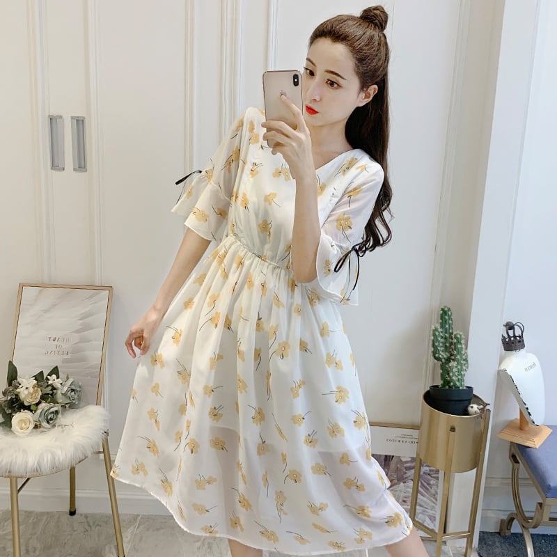 【新作】【送料無料】 授乳マタニティVネックシフォンスリミングルーズスタイリッシュドレス妊婦妊娠授乳ドレス AL expec334832444766