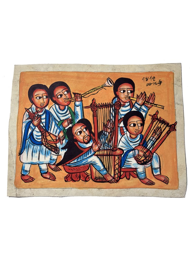 エチオピア レザーペイント 伝統音楽の演奏者｜アフリカンアート 牛革絵画 クラル ベゲナ｜Ethiopian Painting (music)