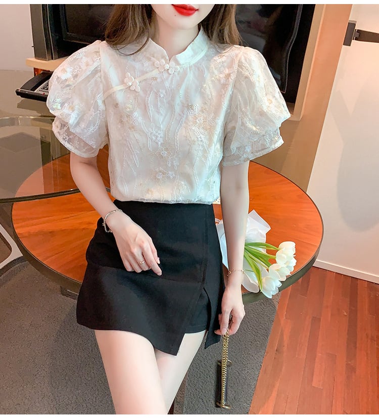 tops】主役級おしゃれ大人気レース切り替えパフスリーブブラウス M