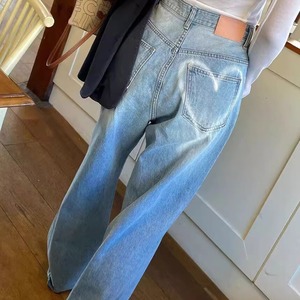デニム パンツ ボトムス レディース ハートマーク カジュアル ストレート ハイウエスト きれいめ ワイドパンツ ジーンズ ブルー ybh1568