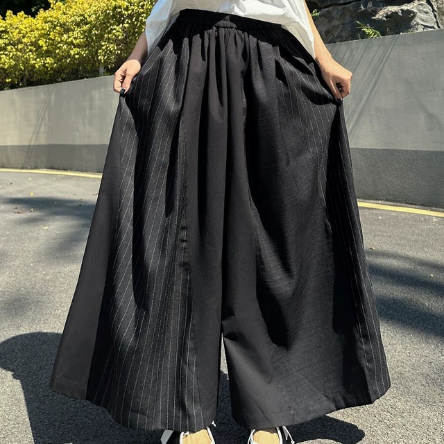 STRIPE STITCH ELASTIC WAIST A-LINE WIDE LEG PANTS 2colors M-16631