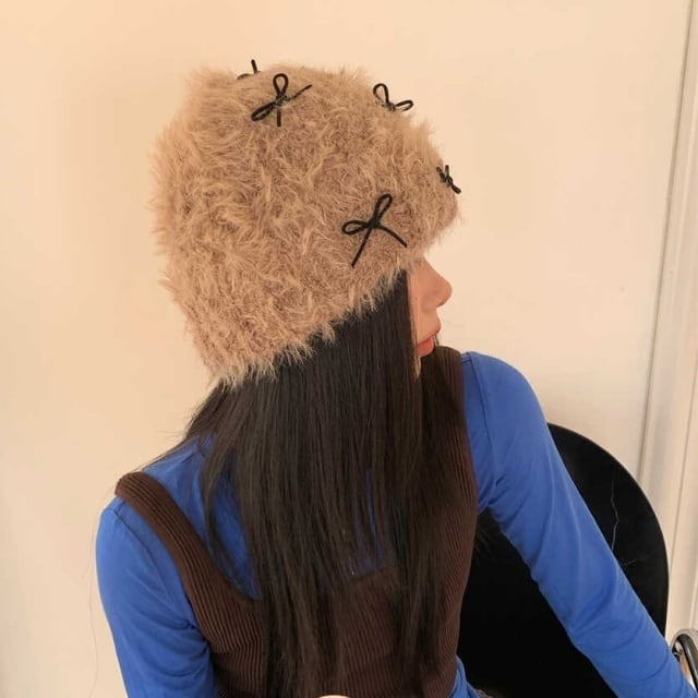 予約販売】ファー 帽子 ニット帽 レディース ベージュ リボン ふわふわ 予約販売】ファー 帽子 ニット帽 レディース ベージュ リボン ふわふわ