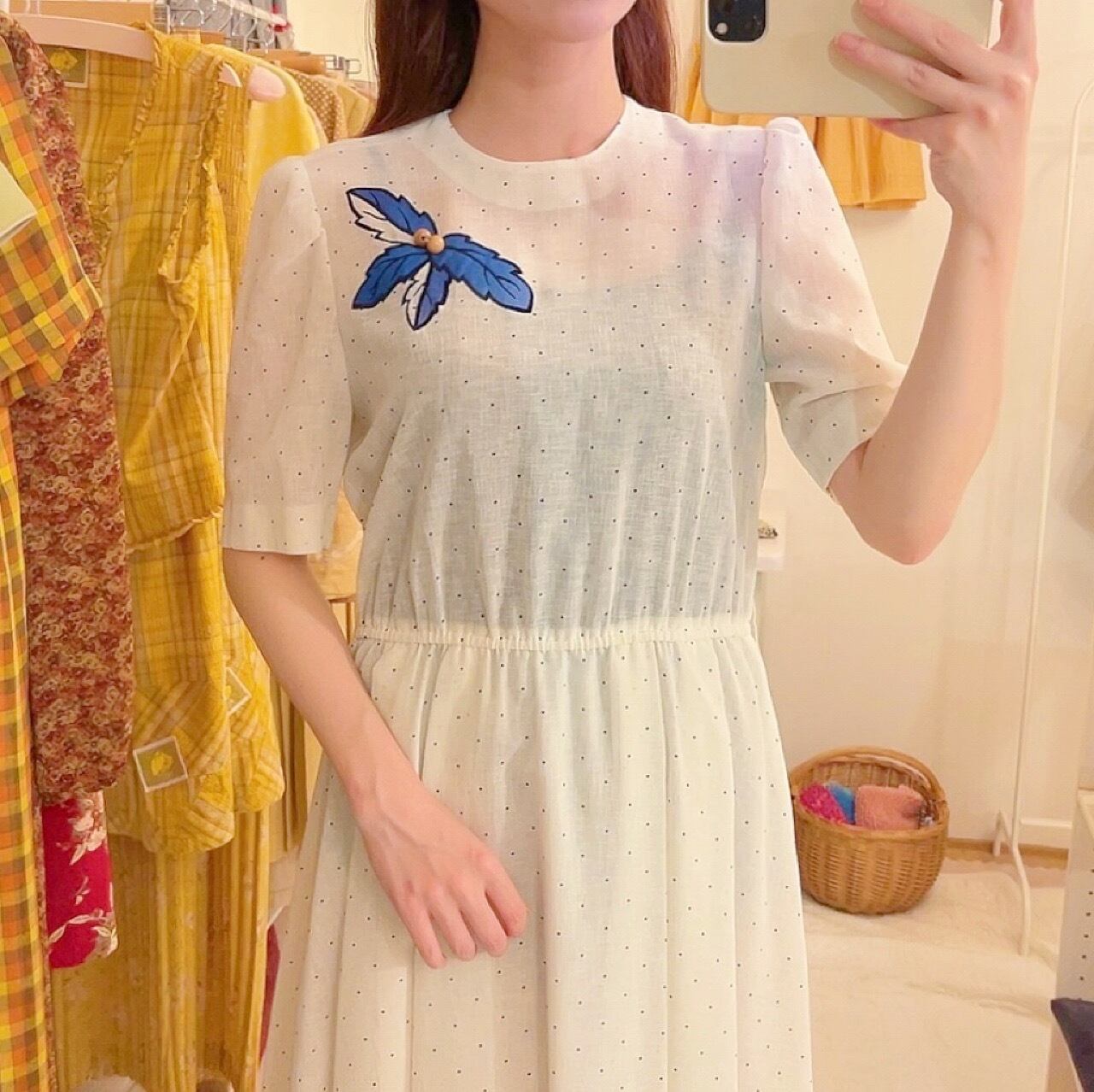 white dot blue leaf one-piece