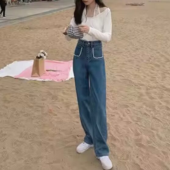 ガーリーパールストレートデニム