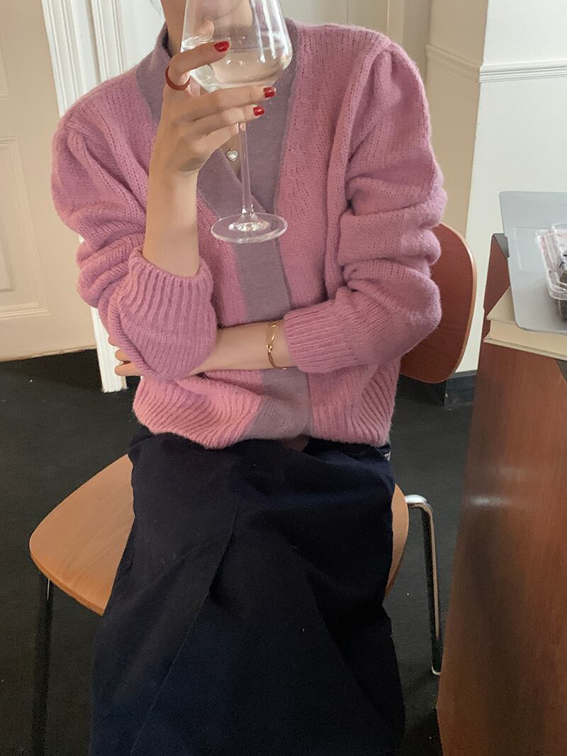 カラーニットカーディガンジャケット オータムスリムVネックセーター ロング ピンク 秋物 ビッグFスモールZ韓国80472395811