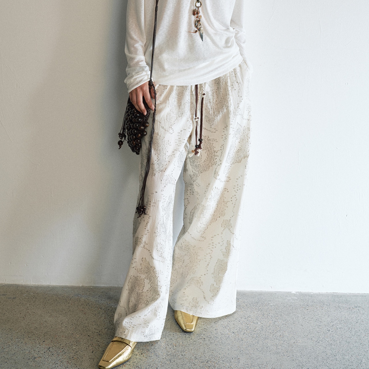 Drawstring Full-Length Wide Pants T3426