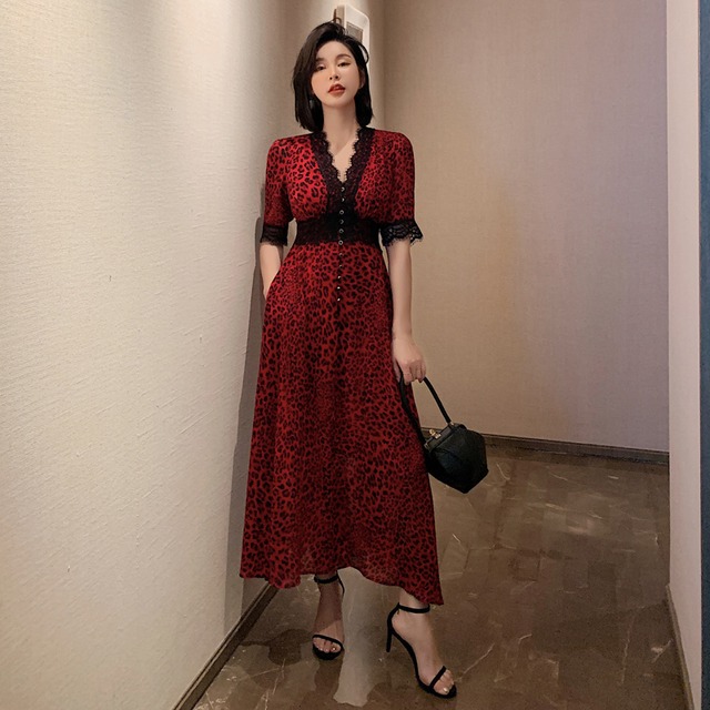 ロングピース カジュアルワンピース 大きいサイズ S M L パーティー 結婚式 デート レッド 赤い 切り替え レース シフォン 豹柄