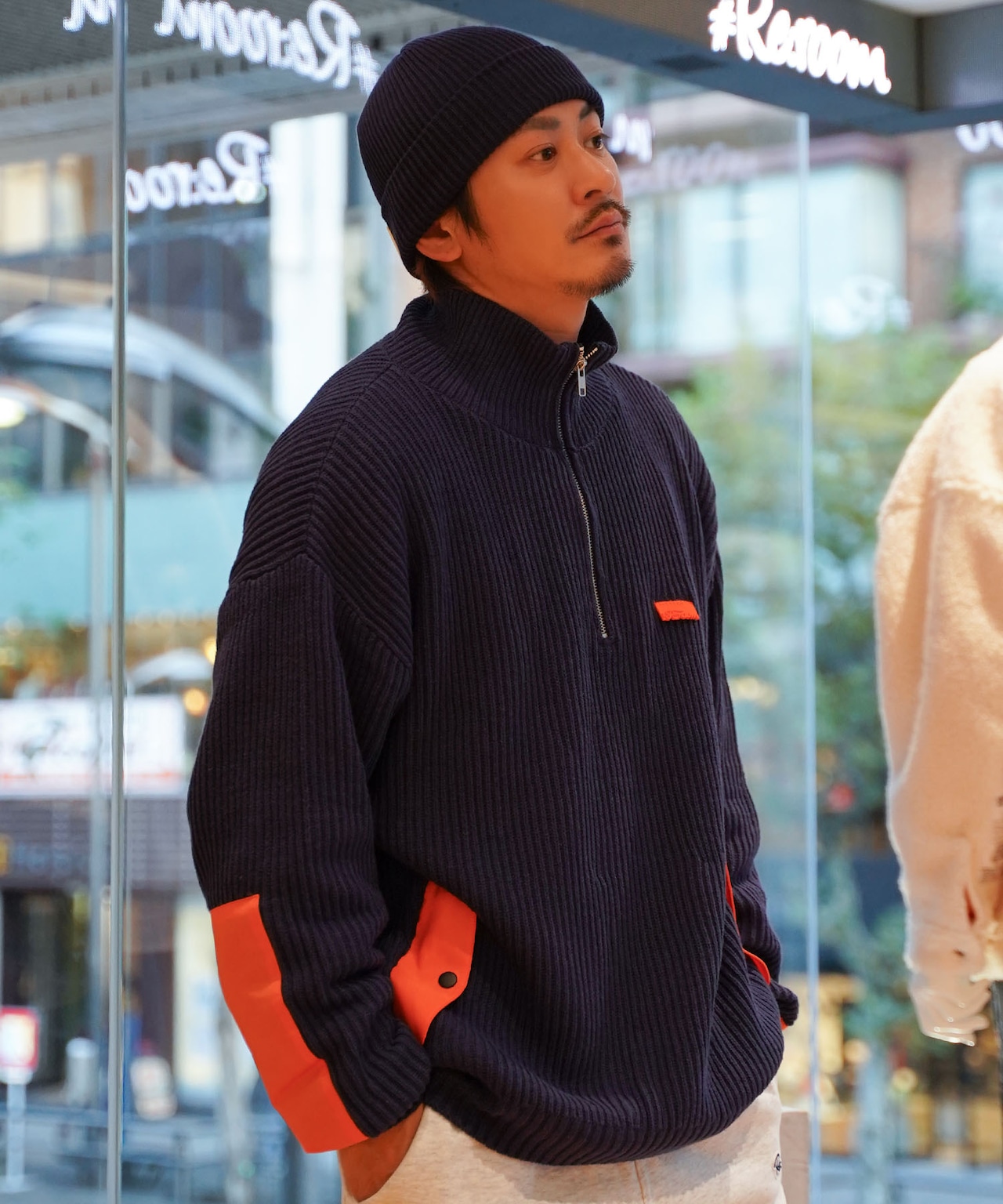 【#Re:room】NYRON PATCH HALF ZIP BIG KNIT［REK128］