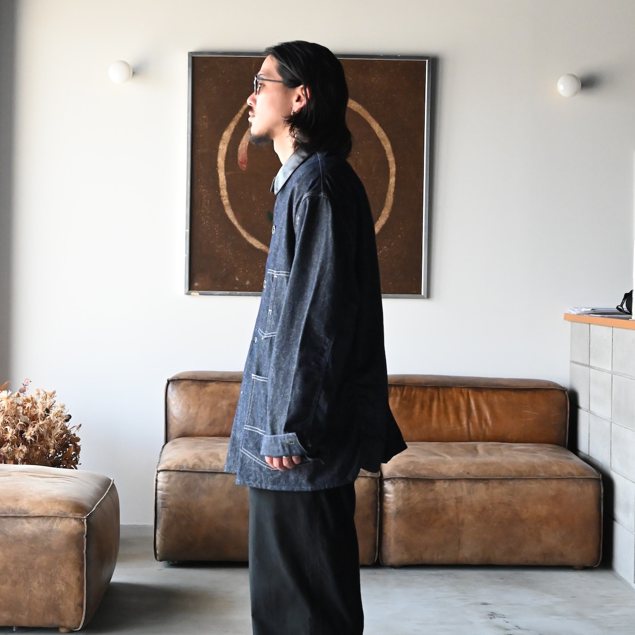 INTERIM / GOAT LEATHER COLLAR SILK NOIL DENIM 1st HERCULES COVERALL