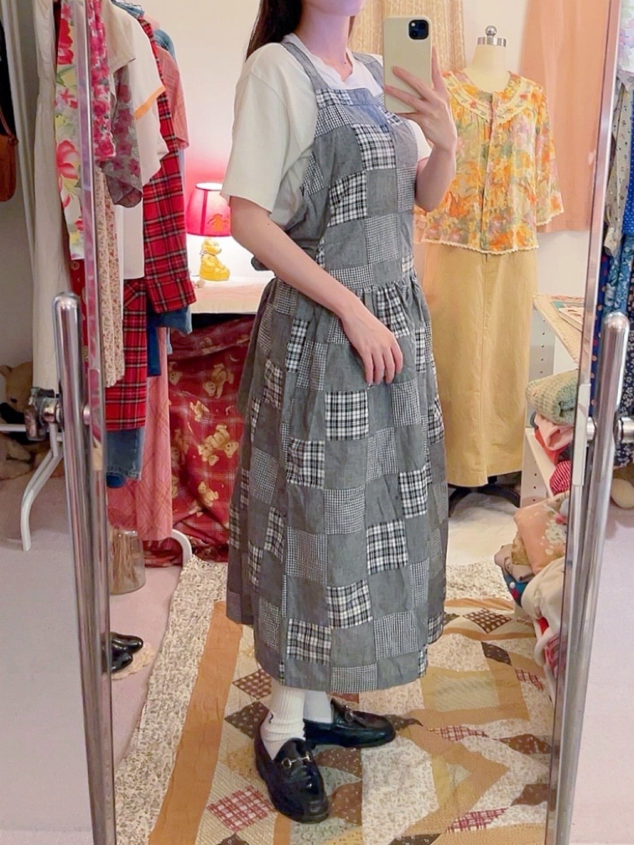 patchwork check apron one-piece
