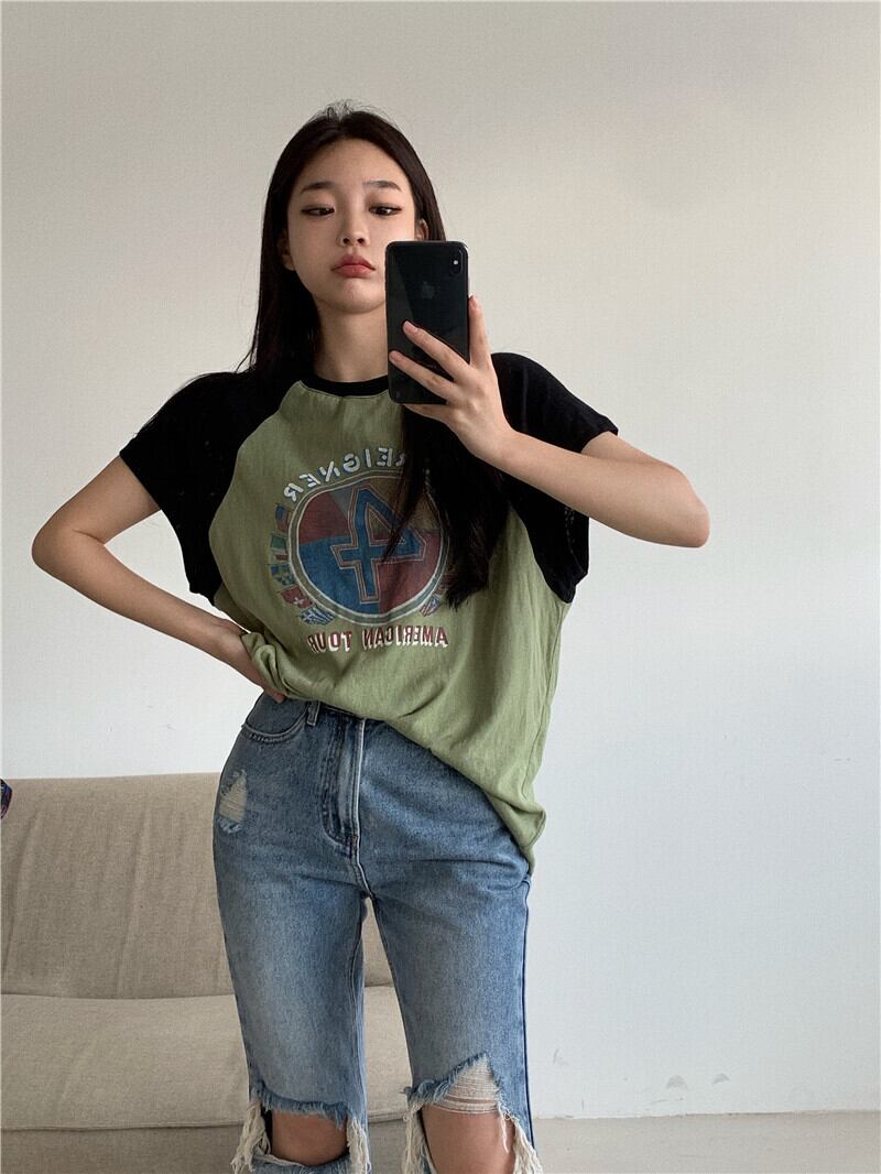 Tシャツ 薄手ルーズスタンダードトップス サマースタイル レトロ 夏物 ブラックストロベリース69089795127