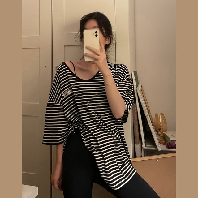 ストライプTシャツ サマー薄手カジュアルルーズトップス かわいい 夏物 ブラックストロベリース63200794618