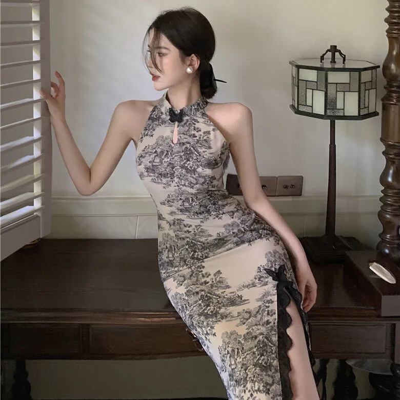 【新作】【送料無料】 改良されたチャイナドレス女性の中国風インクミドル丈スカート 2023 夏の新しいセクシーなホルターネックスカート 0258816530853