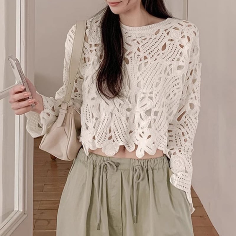 コットンレーススカラップトップス