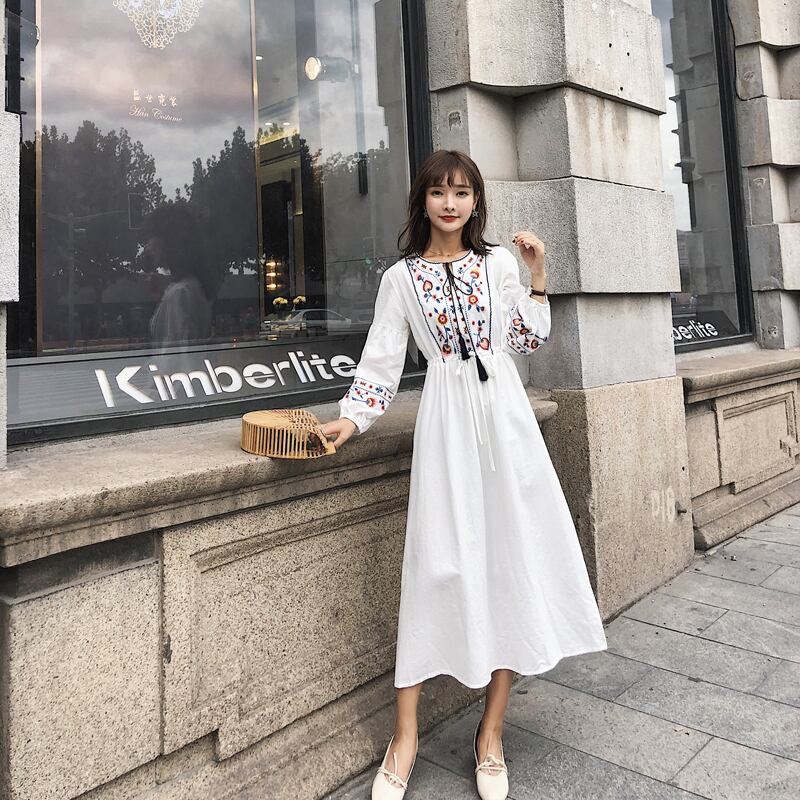 エスニックボヘミアンスタイル刺繍ウェストドレス レディース ロング コットン レース レースアップ 延命家ファッション7082896