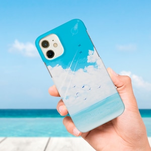 送料無料 iPhone/Android 青空と海と飛行機雲の選べるスマホケース 強化ガラス・グリップ・バンパー・カード収納・ストラップ他