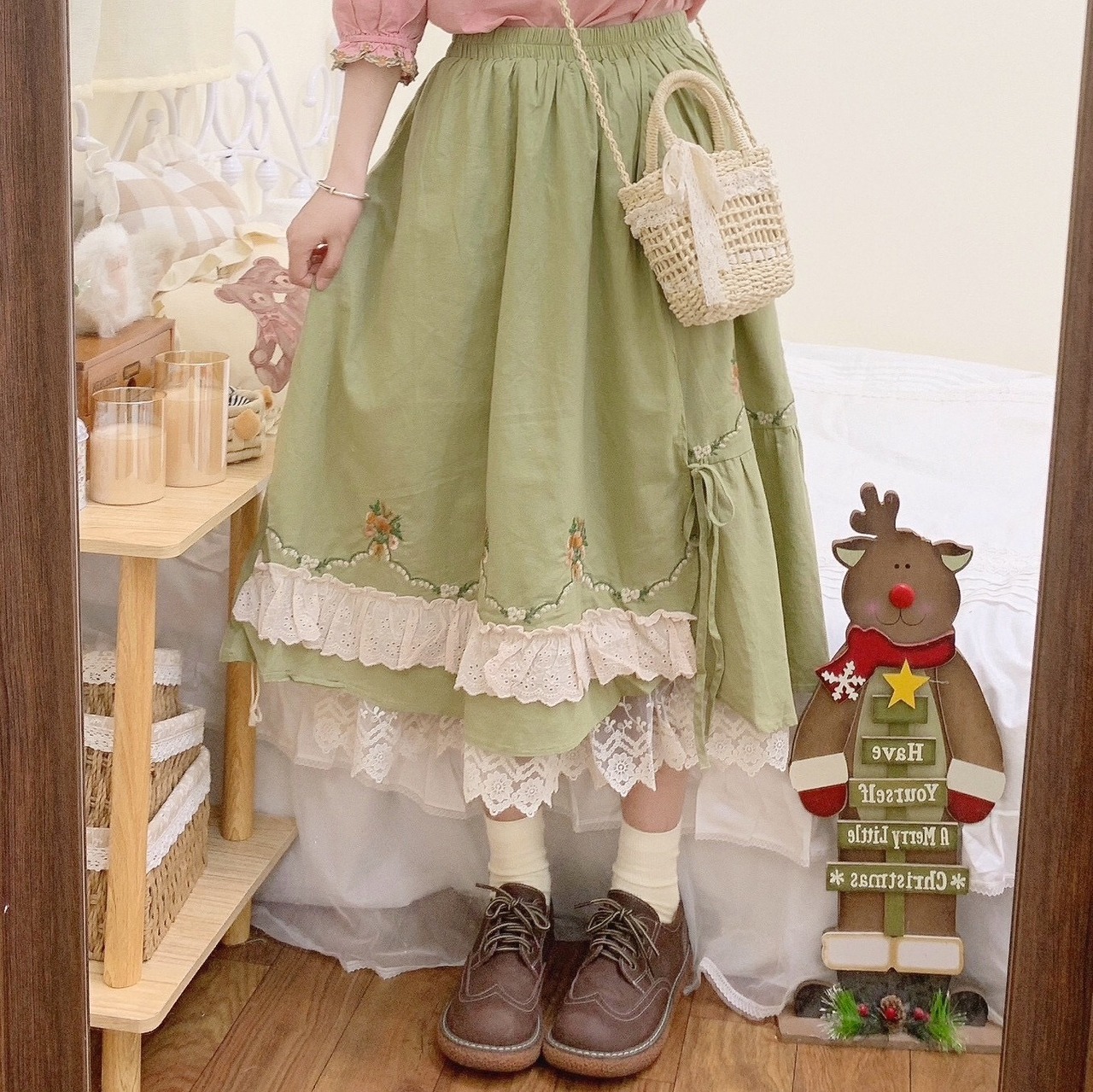 スカート ワンピース グリーン 森ガール ピンク ワンピース 花柄 