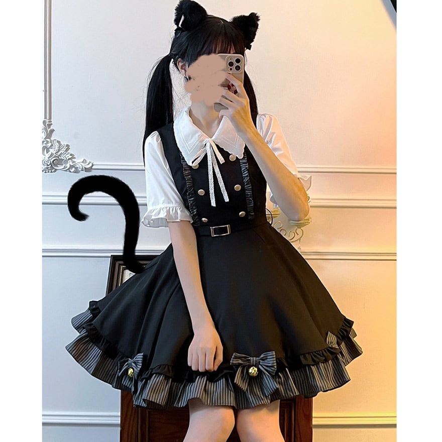 半袖ブラウス ワンピース ジャンスカ ベルト 猫 ツーピースセット 鈴