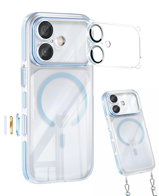 DAMESINE iPhone 17用ケース MagSafe対応 クリア背面 マグネット内蔵リング エアクッション耐衝撃カラプルバンパー内蔵 カメラコントロールボタン付き 黄変防止 薄型 自由に着脱式カメラカバー ストラップホール シンプルで可愛いいPhone17ケース ブルー